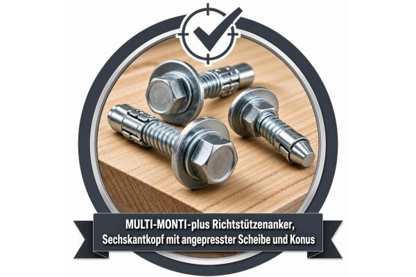 MULTI-MONTI-plus Richtstützenanker, Sechskantkopf mit angepresster Scheibe und Konus