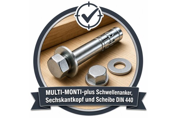 MULTI-MONTI-plus Schwellenanker, Sechskantkopf und Scheibe DIN 440