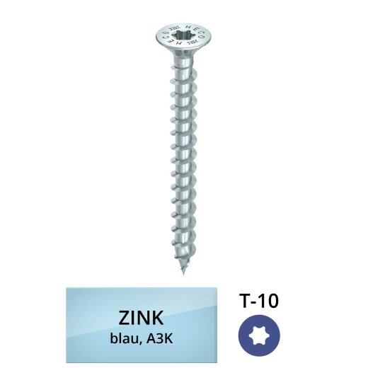 3,0x35,0/31,0mm HECO-TOPIX-plus "T-10" Senkkopf mit Vollgewinde verzinkt A3K 1.000 Stück