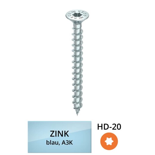 3.5x40.0/35.0mm HECO-TOPIX-plus "HD-20" countersunk head fully threaded zinc plated A3K 500 pieces