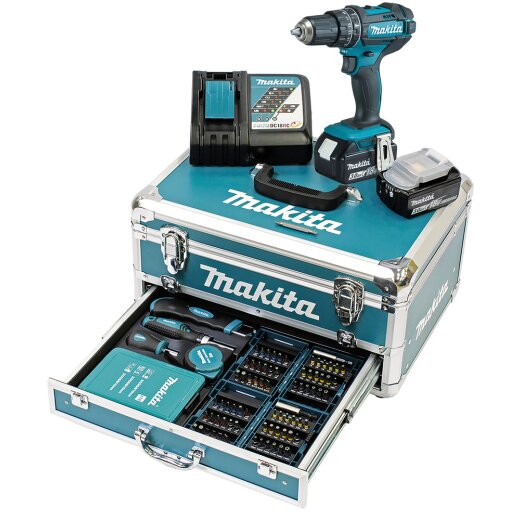 Makita DHP482RFX9 Akku-Schlagbohrschrauber 18V / 3,0 Ah, 2 Akkus + Ladegerät im Alukoffer + 96-tlg. Zubehör-Set