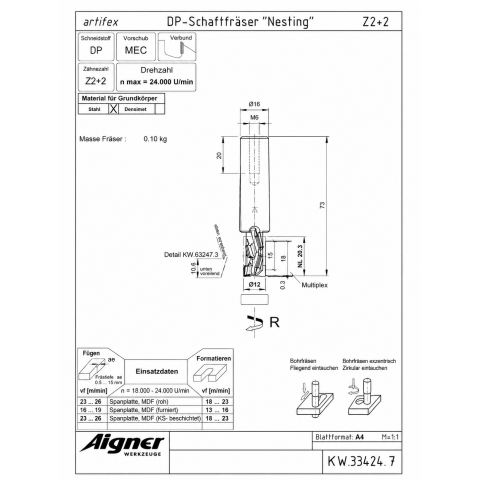 Aigner 12mm Diamant (PKD) Nestingfräser Z2+2 12x20,3/73mm S16 rechts LU 5mm - KW.33424.7
