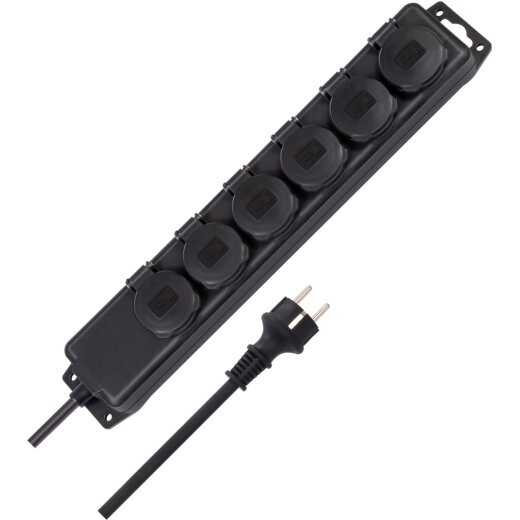 Std-Verteiler 6fach 2m H07RN-F3G1.5 schwarz, ohne Schalter   <IP44>