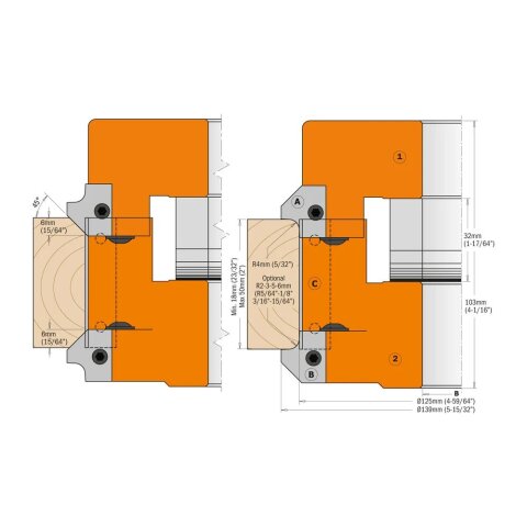 CMT Abrund/Fase- und Fügefräser-Set verstellbar, 2 teilig - D = 139 mm; B = 30 mm