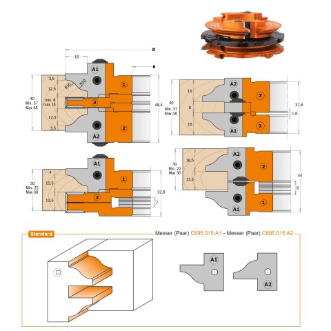 CMT Profil- und Konterprofilmesserkopf Set für Türen D 147mm B 50mm