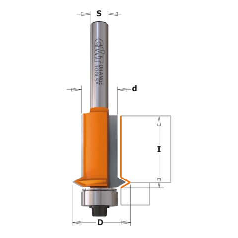 CMT HW Bündig- und V-Nut-Fräser mit Anlaufring D 19 mm d 12,7mm I 25,4mm S 8mm - C953.001.11