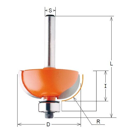 CMT HW Hohlkehlfräser mit Anlaufring - R = 6,35 mm; D = 25,4 mm; I = 12,7 mm; S = 6 mm