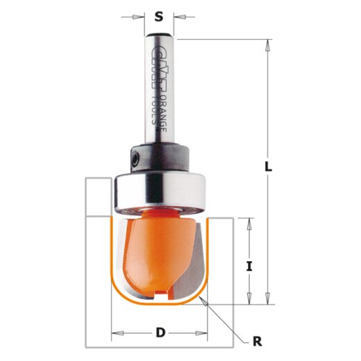 CMT HW Schalenfräser mit Schaft-Anlaufring- D = 19 mm; I = 16 mm;  R = 6,4 mm; S = 6 mm