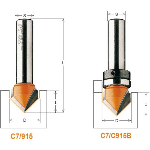 CMT HW V-Nutfräser 90° ohne Anlaufring - D = 9,5 mm; I = 12,7 mm; A = 90°; S = 6 mm