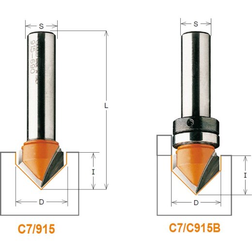 CMT HW V-Nutfräser 90° ohne Anlaufring - D = 12,7 mm; I = 12,7 mm; A = 90°; S = 8 mm