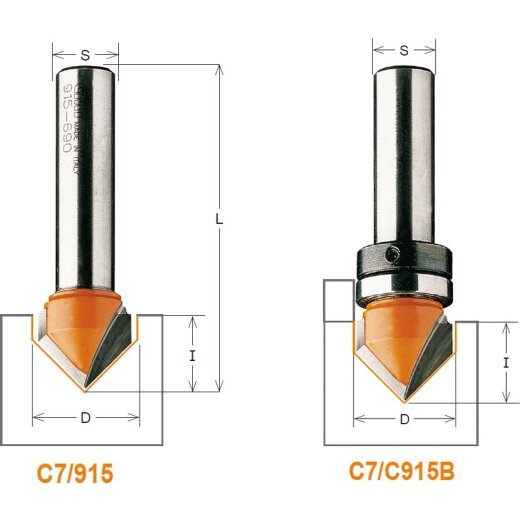 CMT HW V-Nutfräser 90° mit Schaft-Anlaufring - D = 16 mm; I = 12,7 mm; A = 90°; S = 8 mm