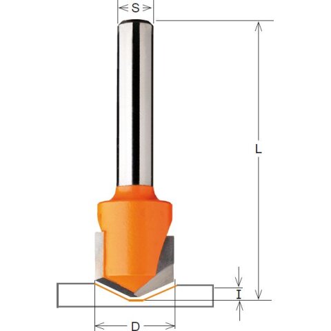 CMT HW V-Nutfräser für Alucobond® - D = 18 mm; I = 3,3 mm; A = 135°; S = 8 mm