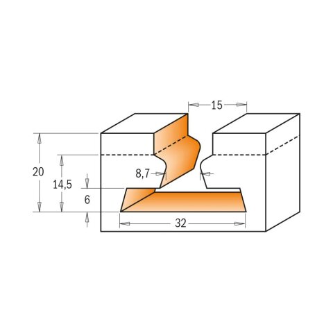CMT HW Schlüsselloch- / T-Nutfräser - D = 32 mm; d = 15 mm; I = 20 mm; S = 12 mm
