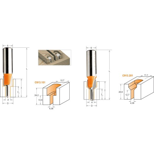 CMT HW Schraubenschlitzfräser - D = 11,1 mm; d = 4,36 mm - I = 20,6 mm - I1 = 12,7 - S = 8 mm