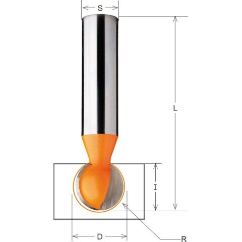 CMT HW Kugelfräser - R = 12,7 mm; D = 25,4 mm; I = 23,5 mm; S = 12 mm