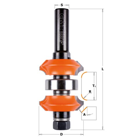 CMT HW Kombinierter Abrund- und Fasefräser verstellbar D=38,1mm T1=11,1-31,75mm R=4,76mm A=45° - C900.623.11