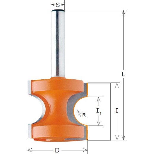 CMT HW Halbstabfräser ohne Anlaufring - R = 6,35 mm; D = 28,6 mm; I1 = 13,15 mm; I = 25,5 mm; S = 8 mm