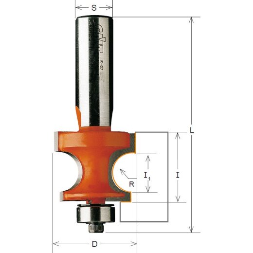 CMT HW Halbstabfräser mit Anlaufring - R = 4,75 mm; D = 25,4 mm; B = 9,68 mm; I = 18,6 mm; S = 6 mm