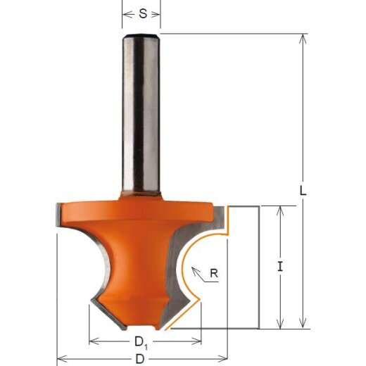 CMT Kombinierter Halbstab- und Fasefräser - D = 36 mm; D1 = 22 mm; I = 25 mm; R = 8 mm; L = 60 mm; S = 8 mm