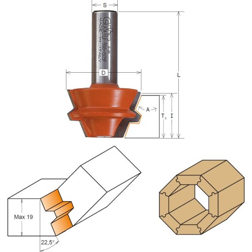 CMT HW Gehrungs- Verleimfräser-Set 22,5° (2 teilig) - T = 9,5 mm / 19 mm; D = 37,3 mm; I = 22,2 mm; A = 22.5°; S = 8 mm - C955.005.11