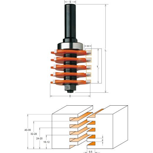 CMT HW Profil-Verleimfräser mit Schaft-Anlaufring - T = 12 mm - 40 mm; D = 47,6 mm; H = 9,5 mm; S = 12 mm