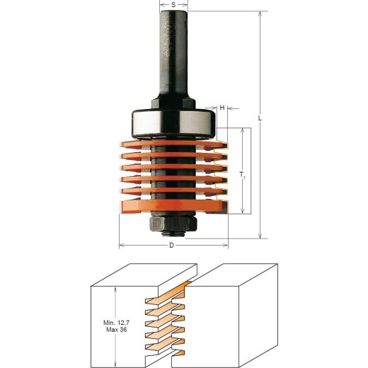 CMT HW Profil-Verleimfräser mit Schaft-Anlaufring - T = 12,7 mm - 36 mm; D = 47,6 mm; H = 5,5 mm; S = 12 mm