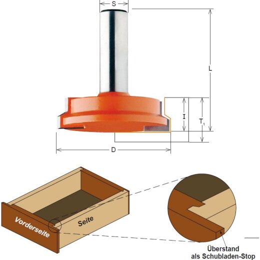 CMT HW Eck-Verleimfräser - D = 31,7 mm; T1min = 15,87 mm; T1max = 25,4 mm; I = 12,7 mm; S = 8 mm