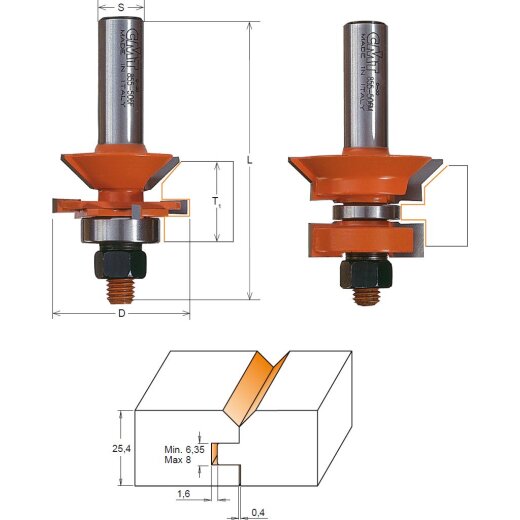 CMT HW V-Nut und Federverbindungs-Set (2 teilig) - D = 44,4 mm; T = 19 mm / 25,4 mm; S = 12 mm - C955.506.11