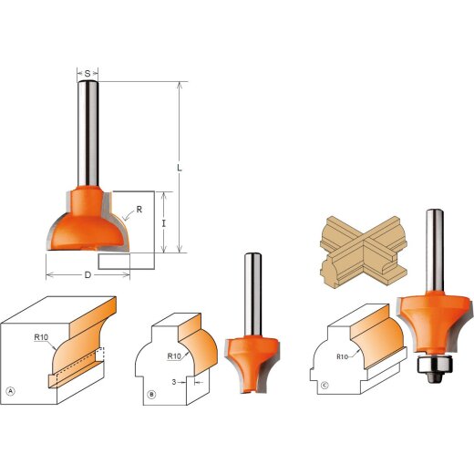 CMT HW Spezialfräser für Fenster und Türen - D = 22 mm; I = 19 mm; R = 10 mm; Profil = A; S = 8 mm