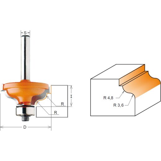 CMT HW Multiradien-Karniesfräser mit Falz - R = 4,8 - 3,6 mm; D = 34,2 mm; I = 13 mm; S = 12 mm