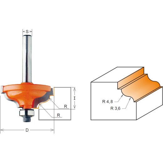 CMT HW Multiradien-Karniesfräser mit Doppelfalz - R = 4,8 - 3,6 mm; D = 34,2 mm; I = 13 mm; S = 6 mm