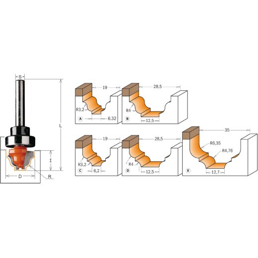 CMT HW Karniesnut- und Profilnutfräser mit Schaft-Anlaufring - D = 19 mm; R = 3,2 mm; I = 12,3 mm; S = 6 mm