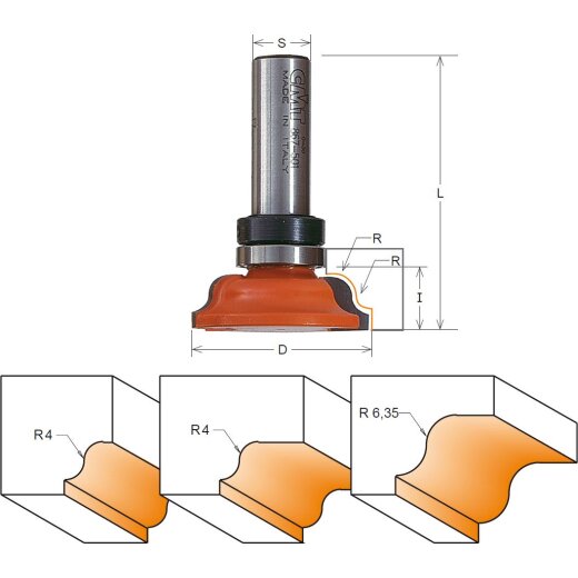 CMT HW Leistenfräser - gedrehtes römisches Profil - R = 4 mm; D = 39,5 mm; I = 11,5 mm; S = 8 mm