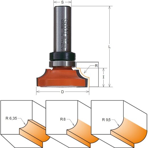 CMT HW Leistenfräser - gedrehter Viertelstab - R = 9,5 mm; D = 38 mm; I = 14,5 mm; S = 12 mm