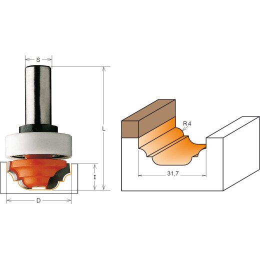 CMT HW Tauchprofilfräser mit Schaft-Anlaufring - D = 31,7 mm; R = 4 mm; I = 13 mm; S = 8 mm - C948.317.11B