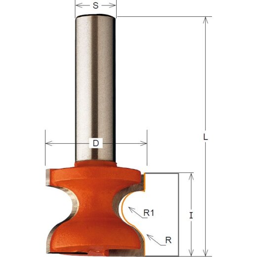 CMT HW Griffleistenfräser ohne Anlaufring - R1 = 5,5 mm; R2 = 9,5 mm; D = 31,7 mm; I = 25,4 mm; S = 12 mm