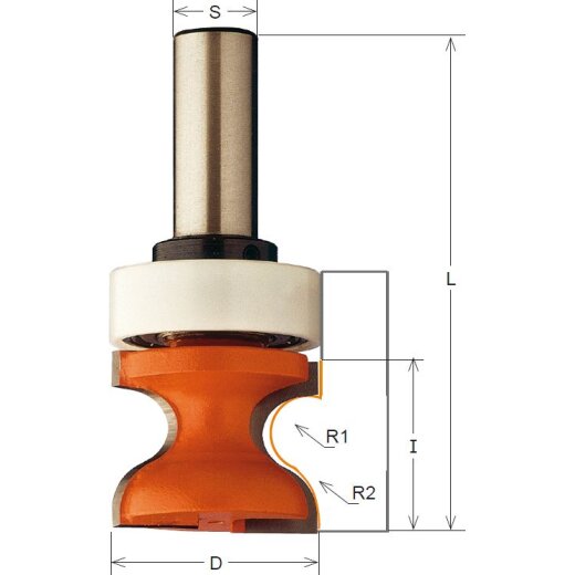 CMT HW Griffleistenfräser mit Schaft-Anlaufring - R1 = 9,5 mm; R2 = 12,7 mm; D = 38,1 mm; I = 35 mm; S = 12 mm