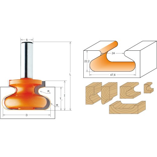 CMT HW Griffleistenfräser - D = 47,6 mm; I = 28,5 mm; R1 - R = 3,2 - 6,35 mm; T1 = 22 mm; S = 12 mm