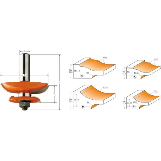 CMT HW Abplattfräser mit Fräser für rückseitigen Schnitt - D = 89 mm; Profil = A; T = 19 mm / 20,6 mm; S = 12 mm