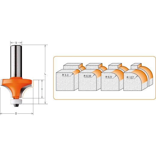 CMT HW Abrundfräser mit Delrin-Anlaufring - R = 3,2 mm; I = 12,7 mm; D = 19,05 mm; S = 12 mm