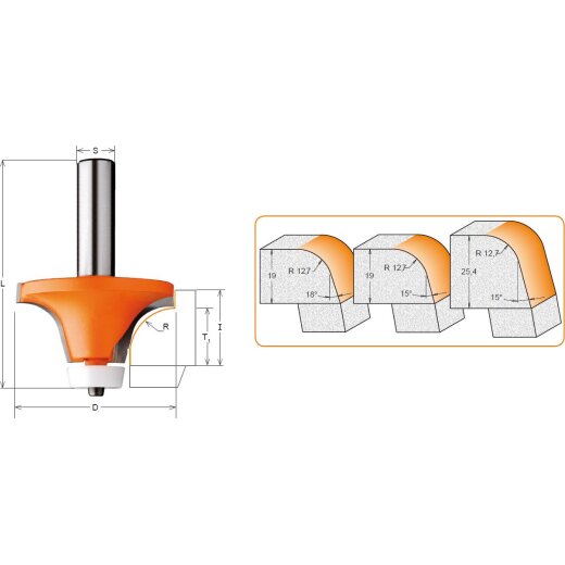 CMT HW Abrundfräser (Winkel und Radius) mit Delrin-Anlaufring - A = 18°; D = 54 mm; I = 25,4 mm; T = 19 mm; R = 12,7 mm; S = 12 mm