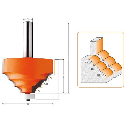 CMT HW Profilfräser für Dekokanten mit Delrin®-Anlaufring - R = 8 mm; I = 41,3 mm; D = 66,7 mm; S = 12 mm