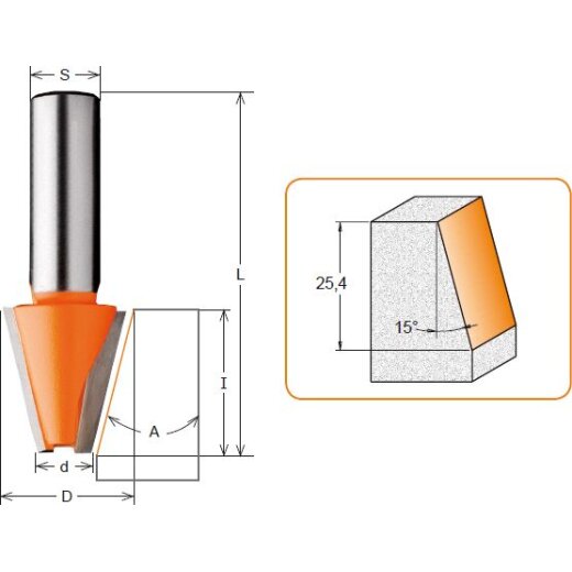 CMT HW Fasefräser ohne Delrin-Anlaufring - A = 15°; I = 25,4 mm; D = 23 mm; S = 12 mm