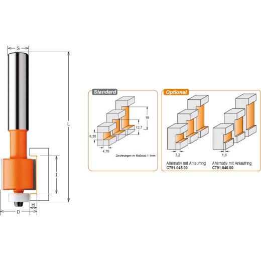 CMT HW Nutfräser / Intarsienfräsen - I = 12,7 mm; H = 4,76 mm; D = 22,2 mm; S = 12 mm