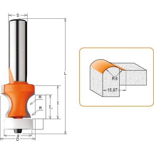 CMT HW Radienfräser für Corian® - T = 15,87 mm; R = 8 mm; I = 22,2 mm; D = 25,4 mm; S = 12 mm