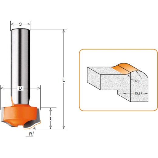 CMT HW Radienfräser (z.B. für Tropfschutzkanten) - R = 8 mm; I = 12,7 mm; D = 25,4 mm; S = 12 mm