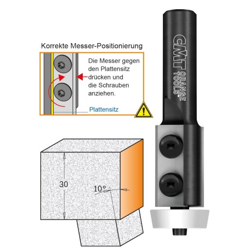 CMT HW Wendeplatten-Bündigfräser Delrin®-Anlaufring - D = 30; I = 22 mm; A = 10°; S = 12 mm