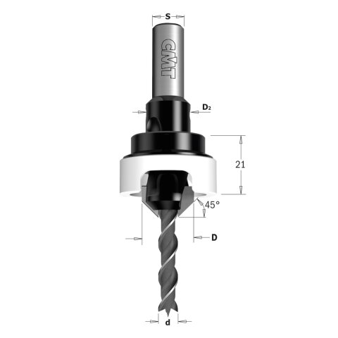 CMT Bohrer mit 45°-Senker - d = 6 mm; D = 16 mm; S = 10 mm