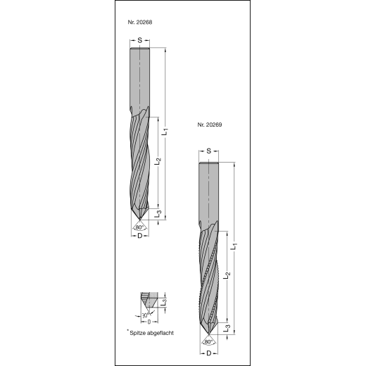 JSO VHW-Bohrfräser Z3 16x73mm, S=16mm, mit Dachformspitze, - 20269-6-16373-R