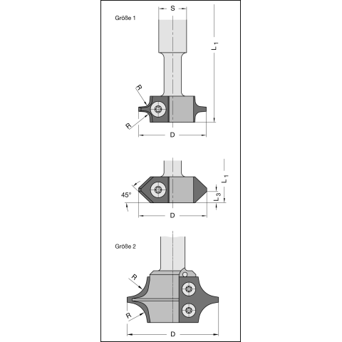 JSO Abrund / Fasefräser HW-WP Set, mit Messern R 6/8/10/12 mm 45° in Holzkassette - 22160-5-20000-R